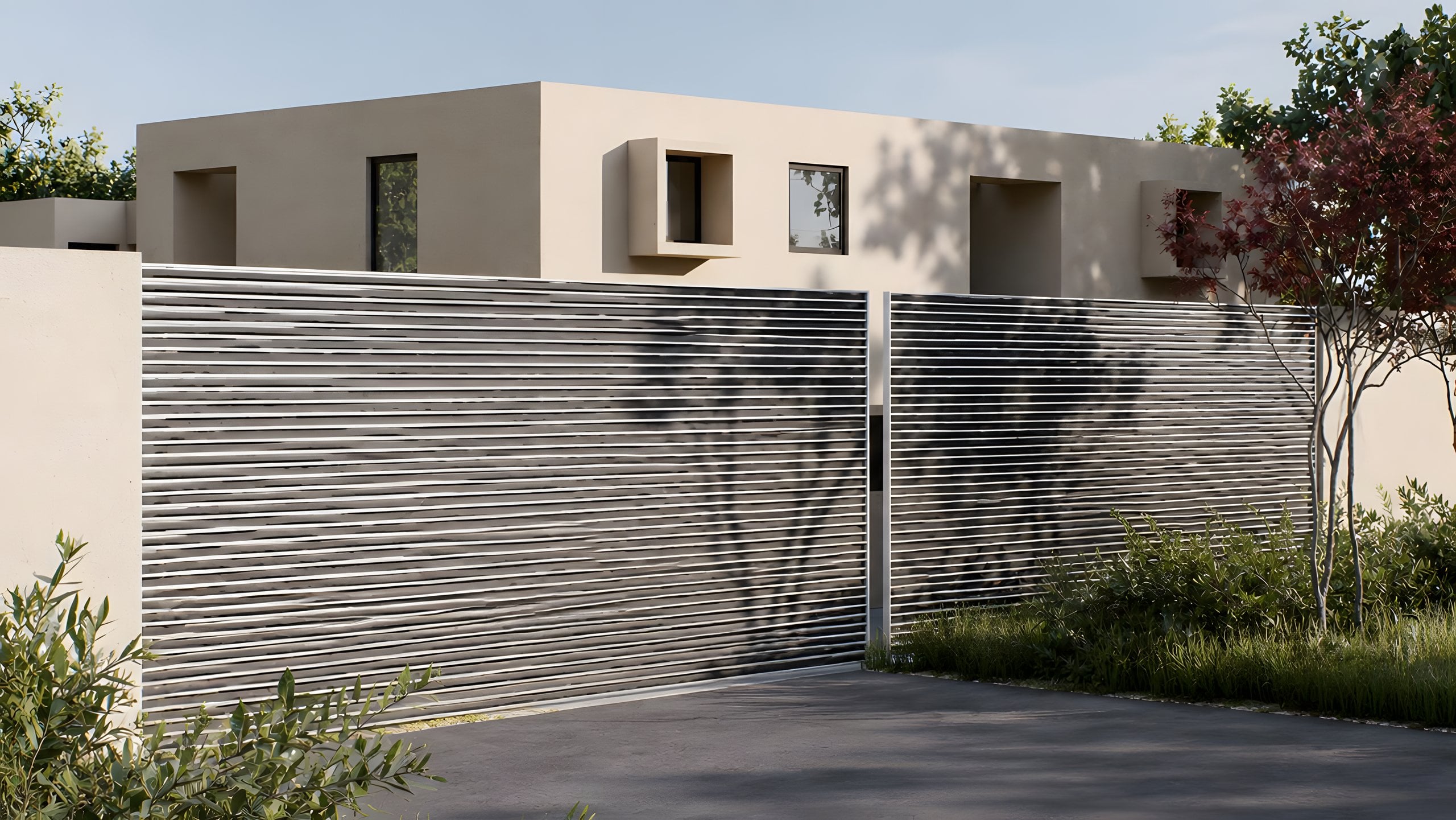 Portón de acceso al condominio con muro de líneas horizontales