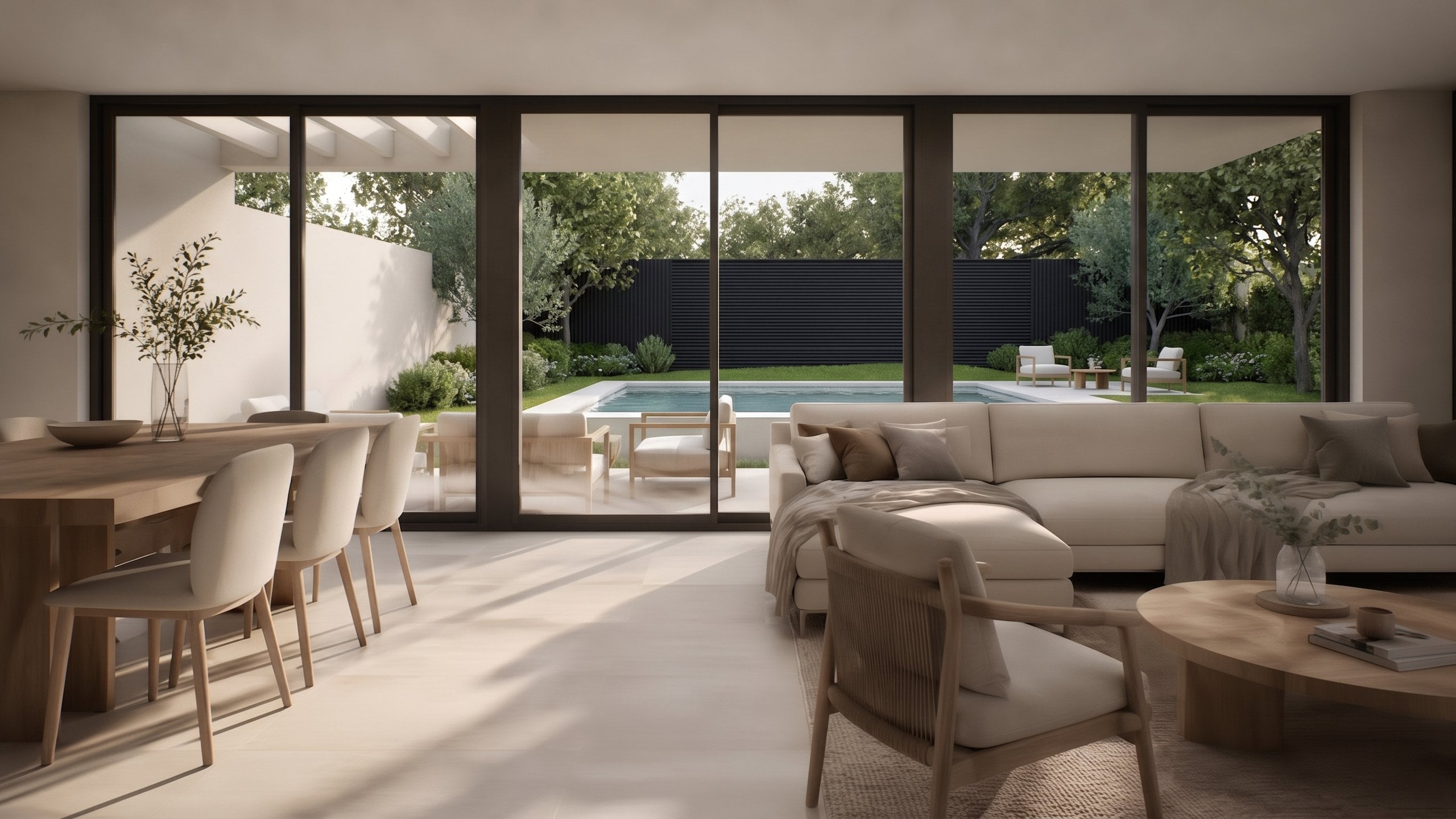 Comedor y estar integrados con luz natural